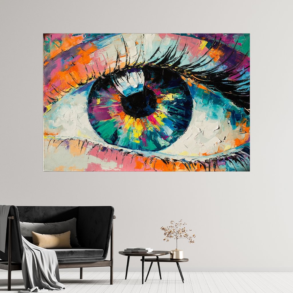 Das Motiv hängt über einer modernen Sitzgelegenheit